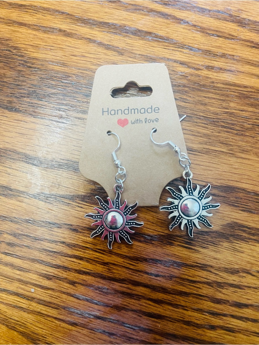 Handmade Sunburst Dangle Earrings - Silver with Pink Accents